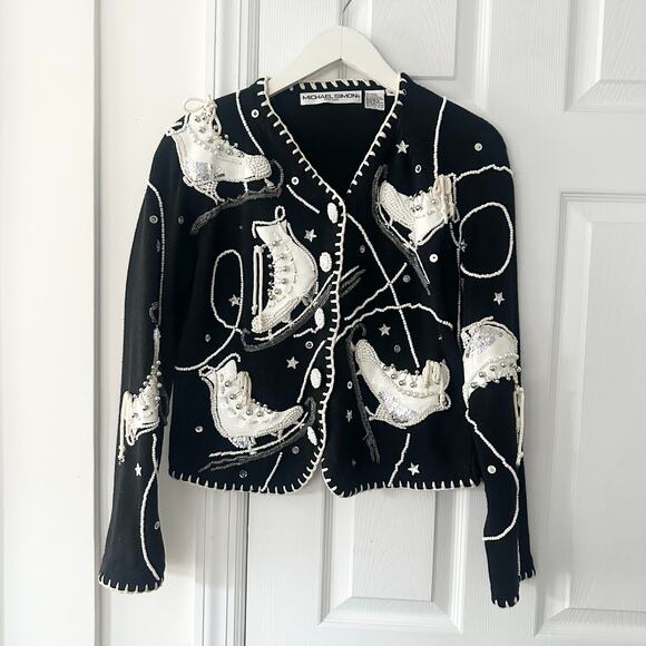 Michael Simon Black Embellished Beaded White Ice Skates Button Cardigan Medium - Picture 8 of 14
